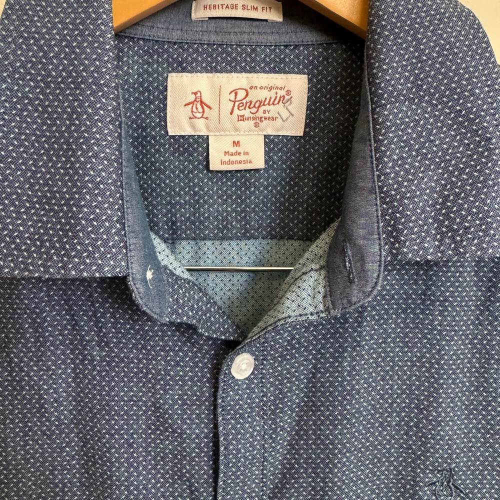 Original Penguin Short-Sleeve Blue Men's Button-Up Shirt Heritage slim Fit - Picture 2 of 4